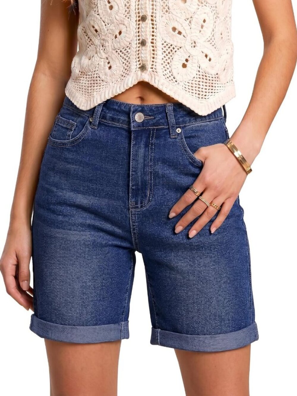 High-Waisted Denim Jean Shorts for Women | 7-Inch Inseam, Fold Hem Style